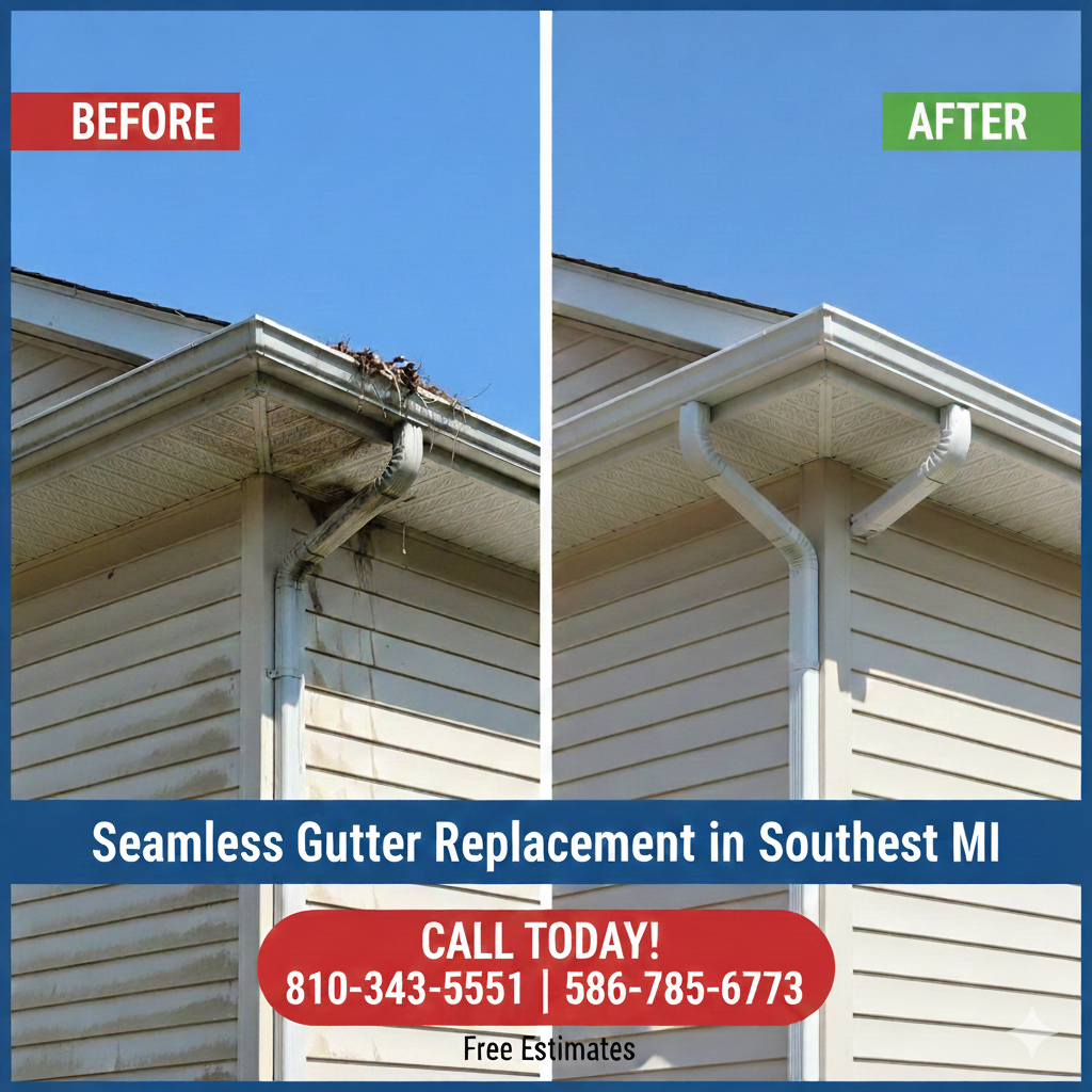 Before and after seamless gutter replacement in Southeast MI 810-343-5551 | 586-785-6773