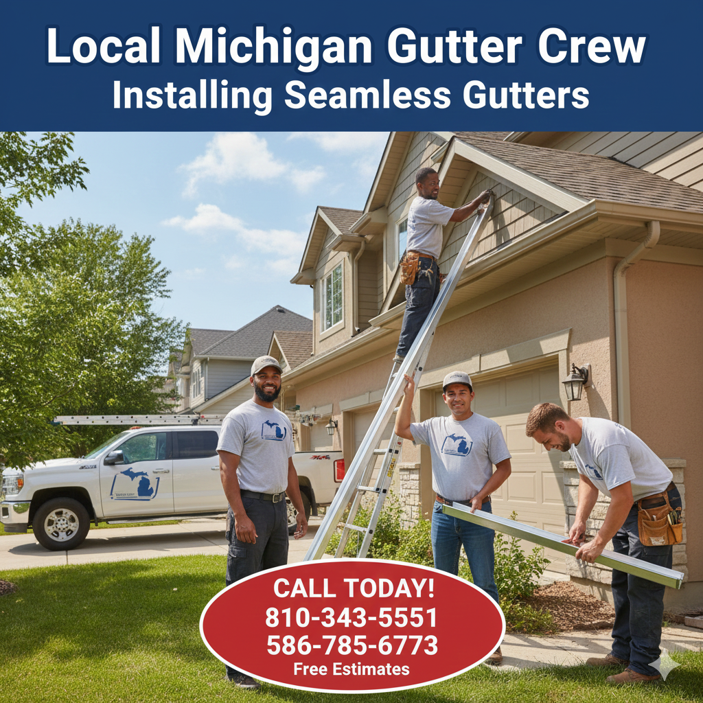 Local Michigan gutter crew installing seamless gutters 810-343-5551 | 586-785-6773