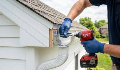 Close-up of technician repairing gutter edge, hanger, or drainage connection on a clean home exterior