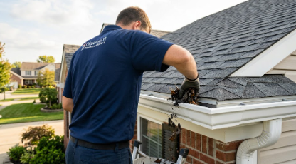 Technician cleaning debris from gutter edge at a residential roofline in daylight