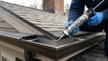 Professional grade tri-polymer sealant applied to seamless gutter miters