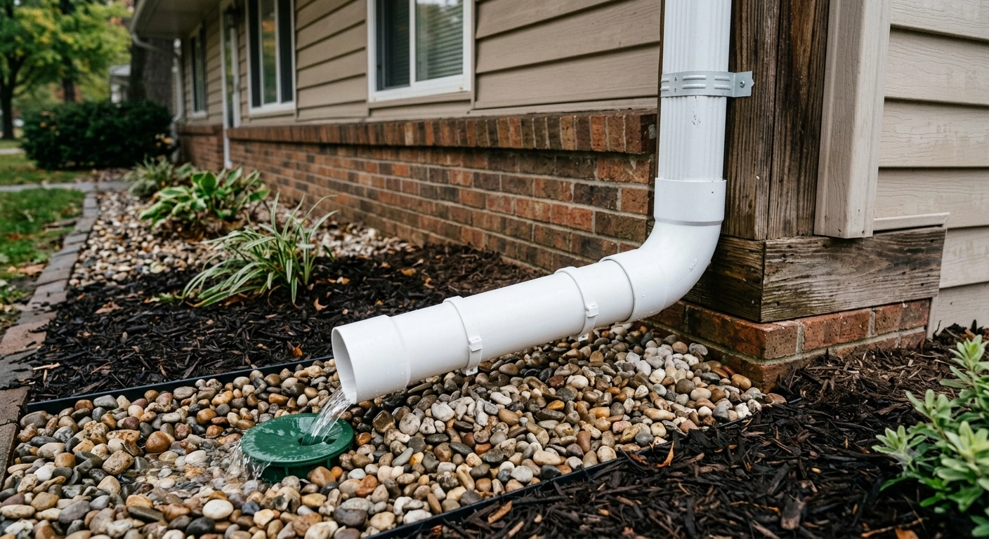 Close-up of a downspout extension, elbow and clean discharge location