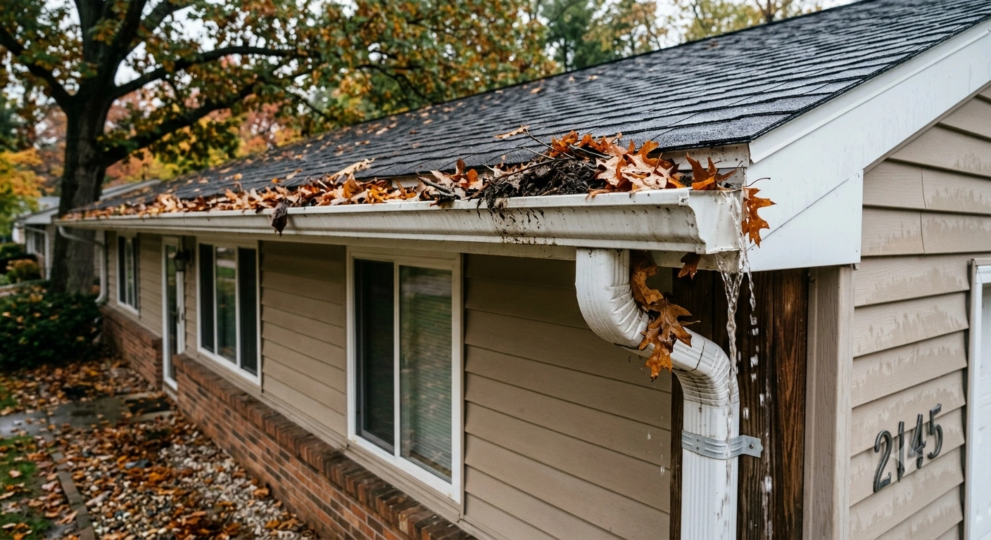 Michigan home gutter system after seasonal rain and debris